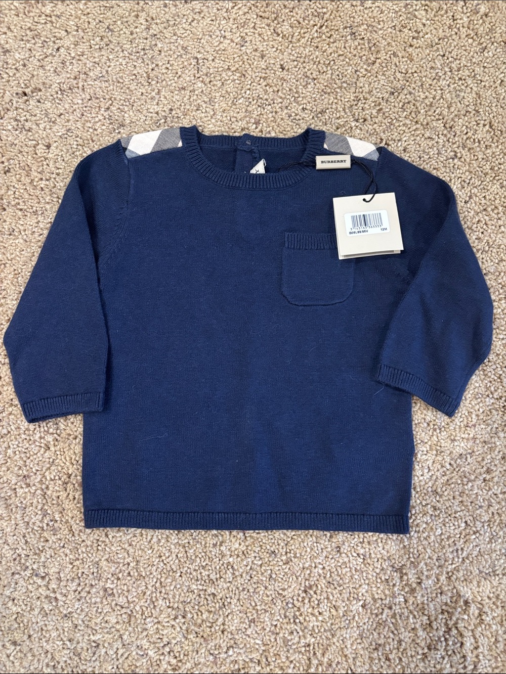 Burberry Navy Knit Pocket Sweater with Shoulder Plaid - Kids, size 12 months